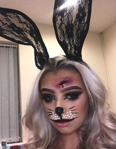 Scary Rabbit Makeup, Bunny Make Up Halloween, Scary Bunny Makeup Halloween, Black Eye Makeup Halloween, Scary Bunny Makeup, Rabbit Halloween Makeup, Bunny Makeup Halloween