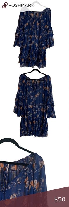 Free People Sunsetter Blue Floral Mini Dress - Medium Blue Floral Mini Dress, Orange Floral Print, Dark Blue Background, Dress Medium, Floral Mini Dress, Blue Background, Blue Floral, Looks Great