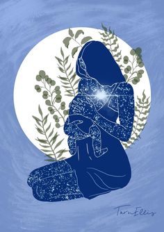 a drawing of a woman sitting in front of a full moon and holding a baby