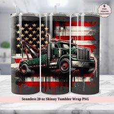 three tumblers with the image of a truck and an american flag painted on them