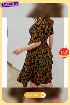 Casual Leopard Print Short Sleeve Deep V-neck A-line Dress Flattering V-neck Summer Dresses, Brown V-neck Midi Dress, Knee-length Wrap Dress For Day Out, V-neck Fit And Flare Midi Dress For Work, Flattering V-neck Midi Dress For Fall, Summer Fit And Flare V-neck Dress, Flattering V-neck Midi Dress For Summer, Flattering V-neck Spring Dresses, Chic Summer V-neck Fit And Flare Dress