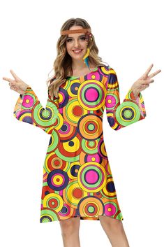 PRICES MAY VARY. 🌈 Hippie Costume Dress Material - Made of 95% Polyester and 5% Spandex, this dress is comfortable and lightweight, crafted from soft, stretchy fabric suitable for various occasions. Dress ONLY, other accessories not included. 🌻 70s Dress Features - This hippie costume features a classic v-neck design with bell sleeves and a flared dresses. It boasts an eye-catching retro floral print, making everything better with this cute and vintage groovy costume dress. 💕 Disco Outfits Oc Groovy Dress, Gogo Dress, Hippie Clothing, Hippie Costume, 70s Hippie, Disco Outfit, Retro Party, 70s Dress, Ladies Dress