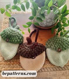 three knitted acorns sitting on top of a table next to a potted plant