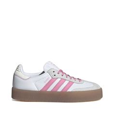 Womens adidas Sambae Athletic Shoe - White / Bliss Pink / Off White | Journeys Pink Adidas Running Shoes With Logo, Pink Adidas Sneakers With Logo, Adidas Pink Sneakers With Three Stripes, Adidas Pink Athleisure Sneakers, Pink Adidas Lace-up Sneakers, Soft Textiles, Shoe Size Chart, White Style, Dream Shoes