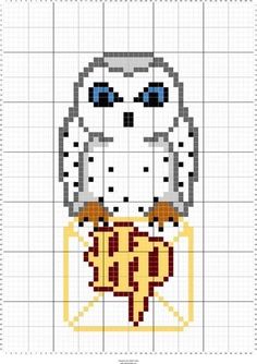 a cross stitch pattern with an owl holding a gold trophy in it's hand