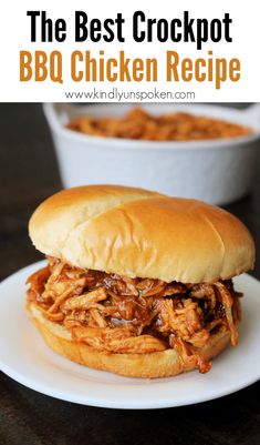 the best crockpot bbq chicken recipe on a white plate with text overlay