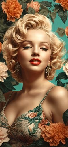 a painting of a woman with blonde hair and red lips surrounded by flowers on a teal background