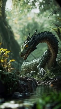 a dragon is standing in the middle of a jungle with water and plants around it