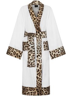 white/animalier brown cotton terry-cloth effect contrasting trim shawl lapels belted waist long sleeves two front patch pockets straight hem mid-calf length When buying this unisex item, keep in mind that it is graded in standard men's sizing Cotton Bathrobe, Feminine Chic, Contrasting Trim, Dolce E Gabbana, Terry Cloth, Mid Calf, Printed Cotton, Clothes For Sale, Dress To Impress