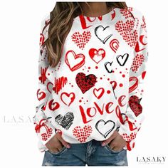 Lasaky - Valentines Day Pattern Printed Loose Long Sleeve Sweatshirt White Long Sleeve Sweater For Valentine's Day, White Long Sleeve Tops With Heart Print, White Long Sleeve Top With Heart Print, Winter White Tops With Heart Print, White Heart Print Tops For Winter, Casual Long Sleeve Sweatshirt For Valentine's Day, Casual Tops With Graphic Print For Valentine's Day, Casual Tops With Valentine's Day Graphic Print, Long Sleeve Letter Print T-shirt For Valentine's Day