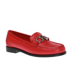 Red 'Rolo' loafers from Salvatore Ferragamo. Crafted from calf leather, this pair sits on a black leather sole and showcases the signature Gancini hardware on the front. Reversible Silver/Gold Gancini hardware. Made in Italy. Brand new with dustbag and replacement box. 100% Authenticity Guaranteed. Classic Slip-on Loafers With Red Sole, Classic Loafers With Red Sole For Office, Classic Loafers With Red Sole For Work, Red Flat Heel Loafers For Formal Occasions, Red Formal Loafers With Flat Heel, Red Formal Moccasins With Branded Insole, Elegant Red Slip-on Loafers, Luxury Loafers With Red Sole For Work, Loafers With Red Sole And Flat Heel For Work