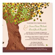 a wedding card with an image of a tree and leaves in the shape of hearts