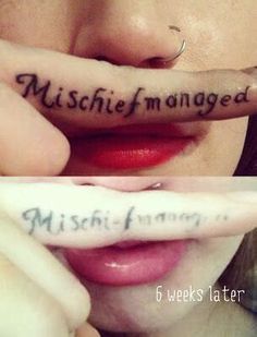 a woman with her finger tattoo reading misshelf damaged and the words misshelf formed