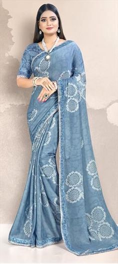 Blue color Saree in Georgette fabric with Printed work Elegant Blue Fabric For Festive Occasion, Elegant Blue Fabric For Festive Season, Elegant Festive Blue Fabric, Blue Saree Fabric For Diwali, Blue Saree Fabric For Festive Occasions, Blue Wedding Fabric With Pallu, Blue Fabric For Wedding And Festivals, Blue Color Saree, Festive Saree