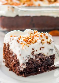 a slice of chocolate cake with white frosting and nuts on top, sitting on a plate