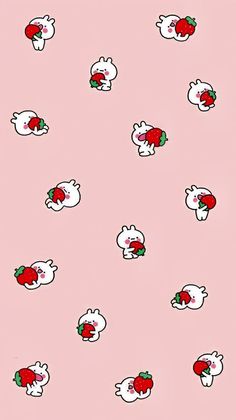 a pink background with small white bears and strawberrys on it's back ground