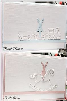 two cards with the words happy easter and an image of a bunny on a rocking horse