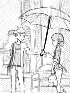 a drawing of two people standing under an umbrella in the rain, one holding onto another person's hand