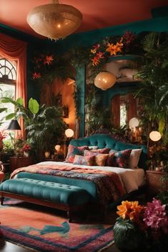 Step into a dream with this Bohemian Paradise Bedroom that exudes warmth and eclecticism. The walls, swathed in a sultry burnt orange, set the stage for the opulent teal bed, dressed in sumptuous patterned textiles. The symphony of hanging lanterns and botanical accents elevate the space into a verdant sanctuary. Intricate mirrors, layered rugs, and plush cushions conjure an atmosphere of comfort and whimsy. This luxurious retreat is a harmonious blend of vibrant hues, and rich textures Teal Bed, Simple Bed Designs, Teal Living Rooms, Teal Bedroom, Bohemian Living Rooms, Bedroom Orange, Bohemian Living Room, Boho Living Room, Hanging Lanterns