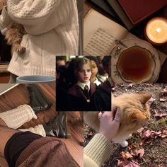 a collage of photos with cats and people in sweaters, coffee cup, teacup