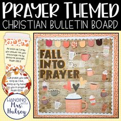 a bulletin board with the words, prayer and coffee mugs