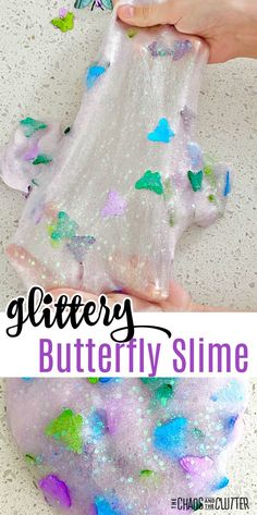 a hand holding a bag filled with glittery slime and butterflies on the side