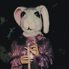 a stuffed animal holding a lit candle in its hand and wearing a purple dress with stars on it