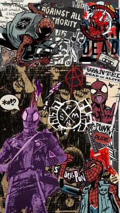 a collage of various stickers and graffiti on a white background, including spider - man