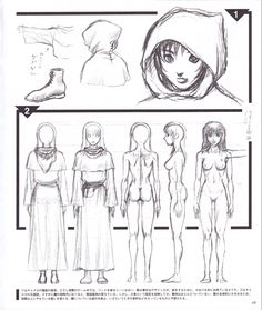 the storyboard shows how to draw female body shapes and headgear for anime characters