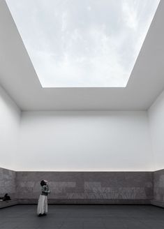 a person standing in an empty room with a skylight