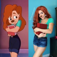 a girl with red hair is standing in front of a cartoon character and holding a book