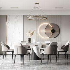 an elegant dining room with marble flooring and white walls, round chandelier