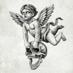 a drawing of an angel sitting on top of a human skull with wings and a demon's head