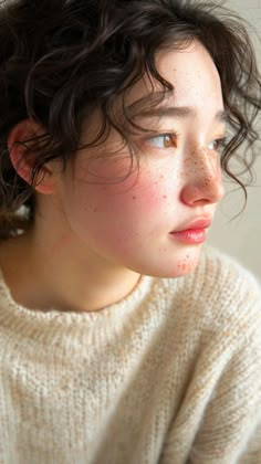 a woman with freckles on her face looking off to the side while wearing a sweater