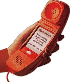 an orange phone with a message attached to it's front and back sides, in the shape of a hand