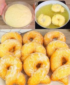 doughnuts are being made and then placed on a table with other ingredients to make them