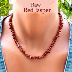 Embrace the raw beauty of nature with this Raw Red Jasper Necklace featuring nugget-style Jasper beads. The 4 to 7mm Red Jasper beads showcase the earthy tones and natural variations that make each piece unique. Carefully crafted with steel wire and a secure clasp, this necklace effortlessly combines rugged elegance with a touch of bohemian flair. Elevate your style with this one-of-a-kind gemstone accessory, perfect for those who appreciate the raw and unrefined charm of Red Jasper. ----------- Hand-strung Jasper Beaded Necklace For Gift, Nature-inspired Jasper Necklaces With Natural Stones, Unique Red Jasper Necklaces, Bohemian Jasper Necklaces Hand-strung, Nature-inspired Brown Jasper Necklace, Red Jasper Necklace, Rustic Necklace, Autumn Necklace, Jasper Necklace