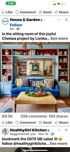 an image of a living room with blue couches and bookshelves on the shelves