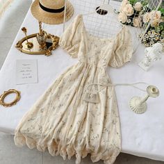 Cute lace dress women's dress P107 Fabric: blended Color: champagne,green Size(cm): S,M,L S full length 109 sleeve length 26 bust 80 waist 60M full length 110 sleeve length 26 bust 84 waist 64L full length 111 sleeve length 26 bust 88 waist 68 Women French Style, Floral Print Chiffon Dress, Floral Tea Dress, Cottage Core Dress, Summer Fairy, French Women Style, Vintage Midi Dresses, Floral Print Chiffon, Romantic Lace