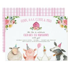 an animal birthday party with farm animals and pink gingham checkered tablecloth