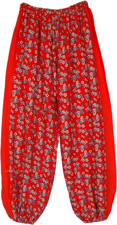 A soft rayon bright harem pants in an exotic summer floral print.  These pants has fun elastic cuffed ankle and an elastic waist with drawstring. #tlb #SplitSkirtsPants #beachwrap #Floral #Printed #fashiondeal #HaremPants #CasualPants #BeachPants #RedTrousers Bohemian Bottoms With Elastic Waistband For Daywear, Floral Print Summer Pants For Daywear, Summer Floral Print Pants For Daywear, Summer Floral Print Harem Pants For Vacation, Summer Vacation Harem Pants With Floral Print, Summer Vacation Floral Print Harem Pants, Red Rayon Bottoms For Summer, Red Rayon Summer Bottoms, Casual Red Bottoms For Daywear