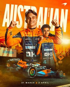 two men standing next to each other in front of an advertisement for the australian grand prix