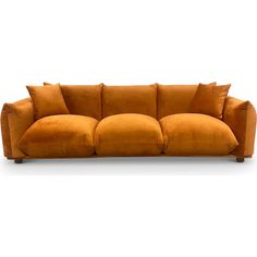 an orange couch with four pillows on it's back and one arm folded out