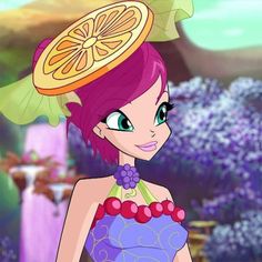 a cartoon girl with pink hair and green eyes wearing a dress made out of orange slices