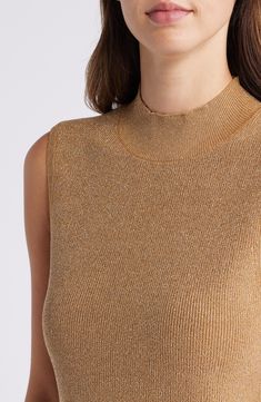 Metallic threads lend all-hours shimmer to this trim and sleeveless mock-neck sweater. 24 1/2" length Mock neck Sleeveless 61% rayon, 31% polyester, 8% metallic fibers Spot clean Imported Sleeveless Mock Neck, Mock Neck Sweater, Metallic Thread, Neck Sweater, Mock Neck, Camel, Nordstrom, Size Medium, Trim