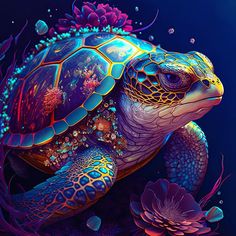 a painting of a sea turtle surrounded by flowers