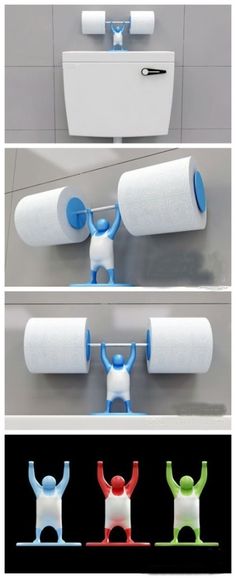 three different types of toilet paper holders with arms and legs attached to the wall above them