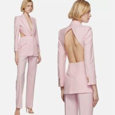 Alexander Mcqueen Retail: $4380 New With Tags Ice Pink Sustainable Wool Tailoring Pant Suit Pre Spring Summer 2022 Size 6/ It 42 Body: 100% Wool Lining: 100% Cupro Retail: $3,090 Jacket Padded Shoulders Single Embossed Button Closure Long Sleeves Peaked Lapel Collar Angled Flap Pockets At Waist Four-Button Cuffs Open Back Jacket Central Vent At Back Hem Fully Lined Jacket Length: 28" Bust: 30" Sleeve: 23" Waist: 26" Shoulder: 15.5" Flat Hip: 39" Retail: $1,290 Pants Tapered Wool Twill Trousers H Fitted Pantsuit With Structured Boning, Spring Suits With Structured Boning And Suit Collar, Evening Suits With Structured Boning, Single-breasted Party Pantsuit For Spring, Spring Single-breasted Party Pantsuit, Spring Party Pantsuit Single Breasted, Luxury Evening Suits For Spring, Luxury Spring Evening Suits, Spring Evening Pantsuit With Notch Lapel