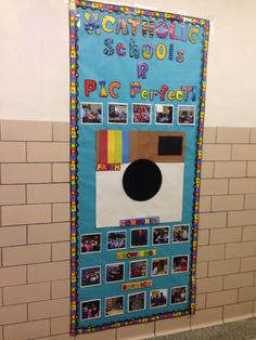 a bulletin board with pictures on it in a public bathroom stall or school room area