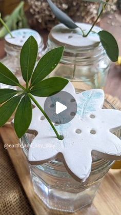 two vases with flowers and leaves in them on a wooden table next to jars